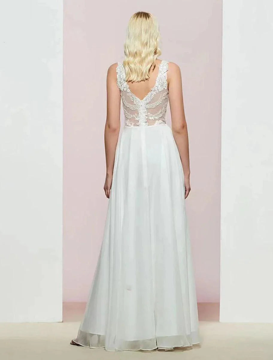 A-Line Evening Gown Open Back Dress Wedding Party Birthday Floor Length Sleeveless V Neck Chiffon with Appliques