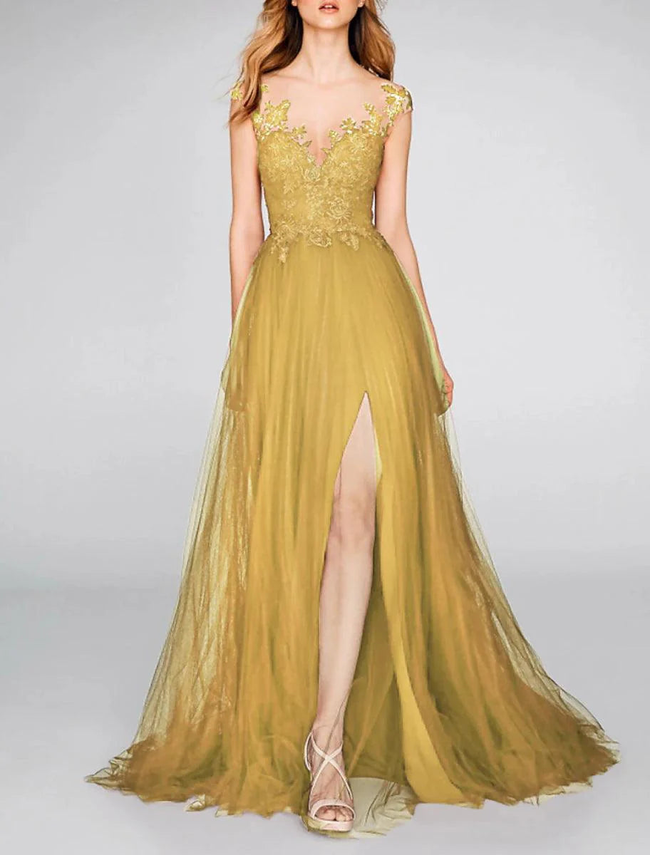A-Line Evening Gown Party Dress Christmas Red Green Dress Engagement Prom Court Train Sleeveless V Neck Chiffon with Slit Appliques