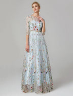 A-Line Evening Gown Party Dress Floral Dress Holiday Wedding Guest Floor Length 3/4 Length Sleeve Illusion Neck Lace with Embroidery