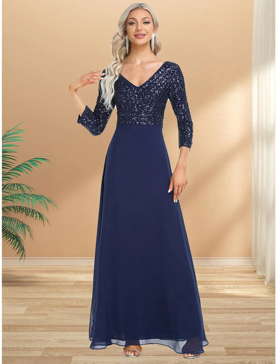 A-Line Evening Gown Plus Size Dress Wedding Guest Black Tie Floor Length 3/4 Length Sleeve V Neck Chiffon V Back with Sequin