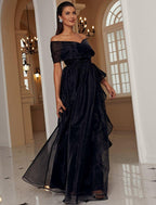 A-Line Evening Gown Sexy Dress Formal Wedding Guest Floor Length Short Sleeve Off Shoulder Wednesday Addams Family Polyester with Ruffles Slit