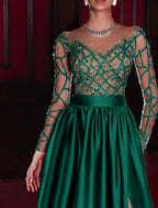 A-Line Evening Gown Sparkle &amp; Shine Dress Engagement Birthday Floor Length Long Sleeve V Neck with Rhinestone Appliques&nbsp;