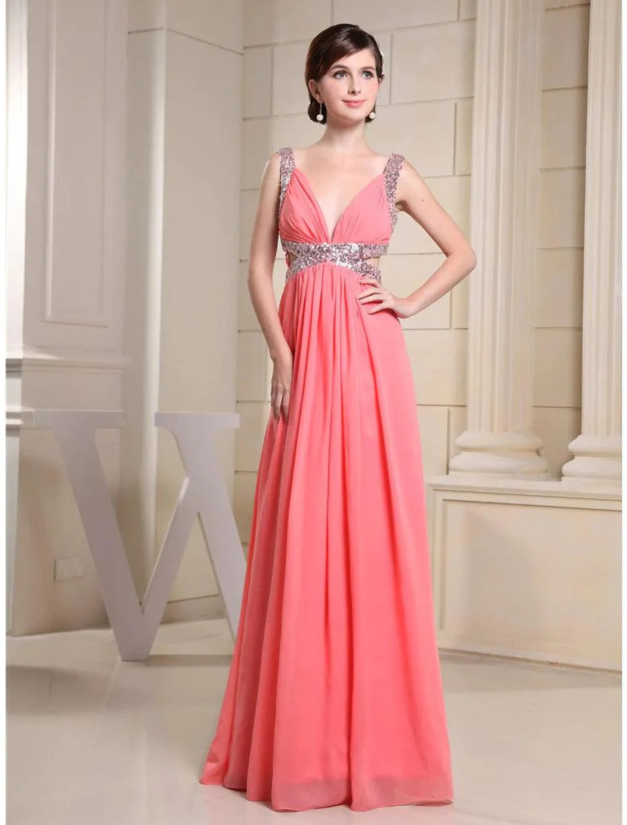 A-Line Evening Gown Sparkle Dress Engagement Floor Length Sleeveless V Neck Chiffon with Pleats Sequin