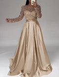 A-Line Evening Gown Sparkle Dress Wedding Black Tie Floor Length Long Sleeve Jewel Neck Satin with Sequin
