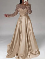 A-Line Evening Gown Sparkle Dress Wedding Black Tie Floor Length Long Sleeve Jewel Neck Satin with Sequin