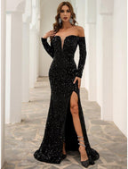 A-Line Evening Gown Sparkle & Shine Dress Formal Fall Sweep / Brush Train Long Sleeve Off Shoulder Velvet with Sequin Slit