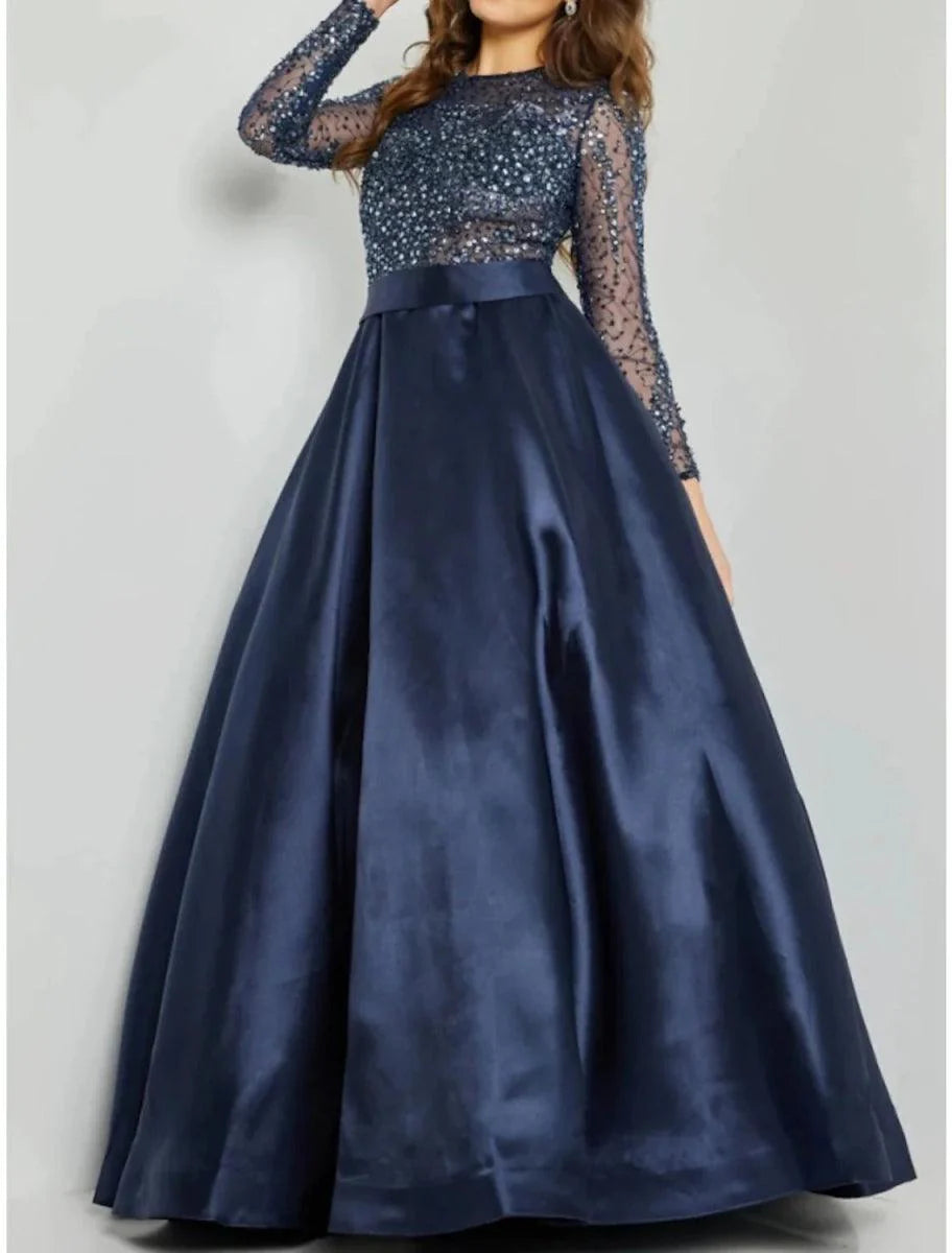 A-Line Evening Gown Sparkle & Shine Dress Formal Wedding Guest Floor Length Long Sleeve Jewel Neck Sequined with Glitter Pleats