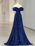 A-Line Evening Gown Sparkle & Shine Dress Formal Wedding Guest Sweep / Brush Train Sleeveless Off Shoulder Sequined with Glitter Sequin