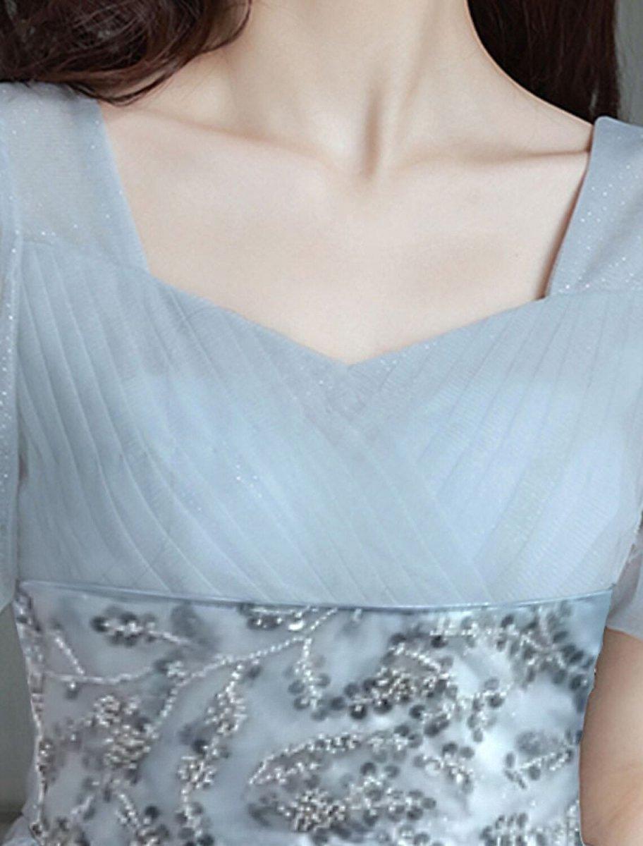 A-Line Evening Gown Sparkle & Shine Dress Party Dress Valentine's Day Floor Length Short Sleeve Sweetheart Tulle with Beading Tiered