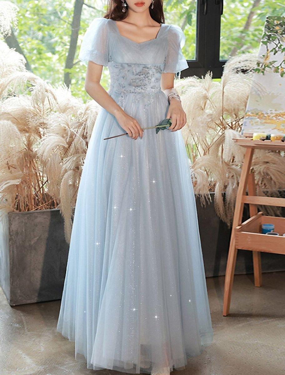 A-Line Evening Gown Sparkle & Shine Dress Party Dress Valentine's Day Floor Length Short Sleeve Sweetheart Tulle with Beading Tiered