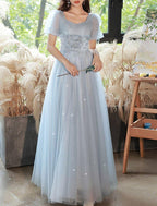 A-Line Evening Gown Sparkle & Shine Dress Party Dress Valentine's Day Floor Length Short Sleeve Sweetheart Tulle with Beading Tiered