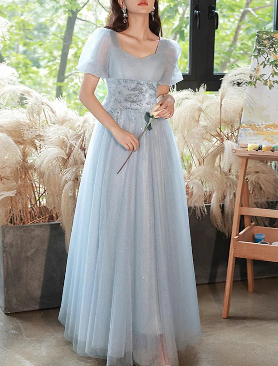 A-Line Evening Gown Sparkle & Shine Dress Party Dress Valentine's Day Floor Length Short Sleeve Sweetheart Tulle with Beading Tiered