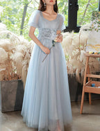 A-Line Evening Gown Sparkle & Shine Dress Party Dress Valentine's Day Floor Length Short Sleeve Sweetheart Tulle with Beading Tiered