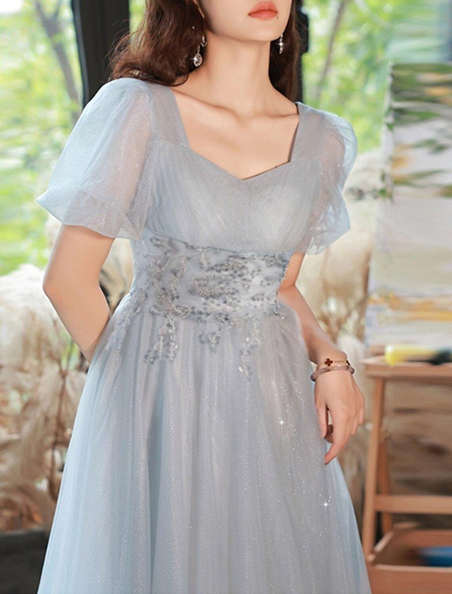 A-Line Evening Gown Sparkle & Shine Dress Party Dress Valentine's Day Floor Length Short Sleeve Sweetheart Tulle with Beading Tiered