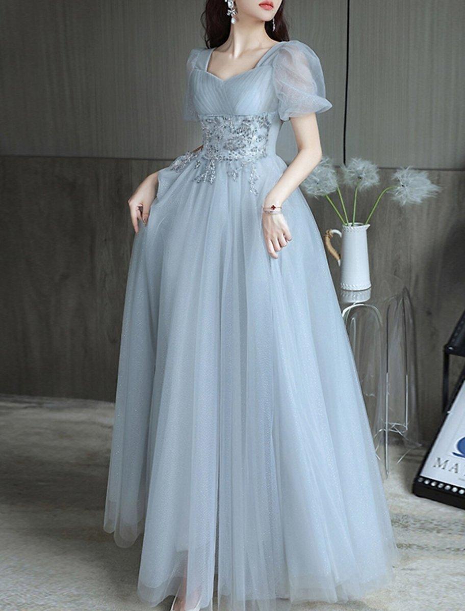 A-Line Evening Gown Sparkle & Shine Dress Party Dress Valentine's Day Floor Length Short Sleeve Sweetheart Tulle with Beading Tiered