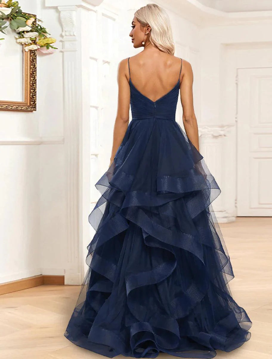 A-Line Evening Gown Tiered Plisse Dress Formal Wedding Guest Sweep / Brush Train Sleeveless Spaghetti Strap Organza with Ruched Ruffles Slit