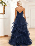 A-Line Evening Gown Tiered Plisse Dress Formal Wedding Guest Sweep / Brush Train Sleeveless Spaghetti Strap Organza with Ruched Ruffles Slit