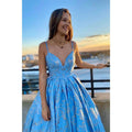 A-line Exquisite Lace V-neck Spaghetti Straps Long Prom Dress Lace-up