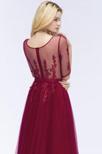 A-line Floor Length Appliques Tulle Bridesmaid Dress Half Sleeve Evening Dress