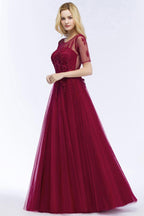 A-line Floor Length Appliques Tulle Bridesmaid Dress Half Sleeve Evening Dress