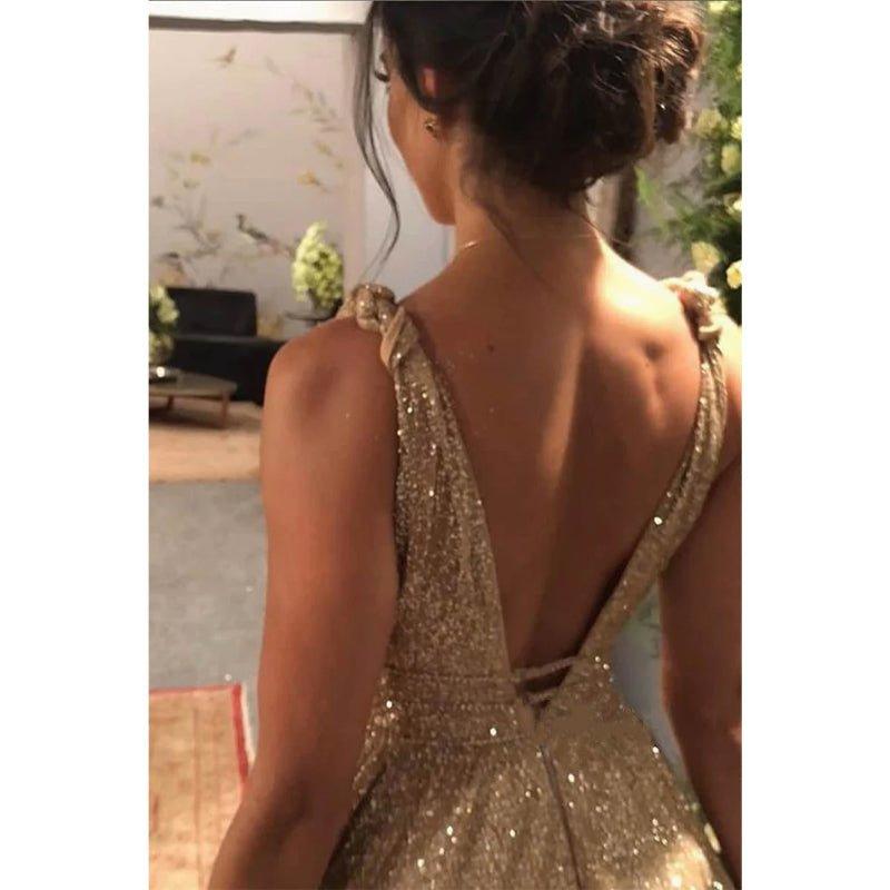 A-line Gold Sequins V-neck Sparkle Prom Dress Party Dress