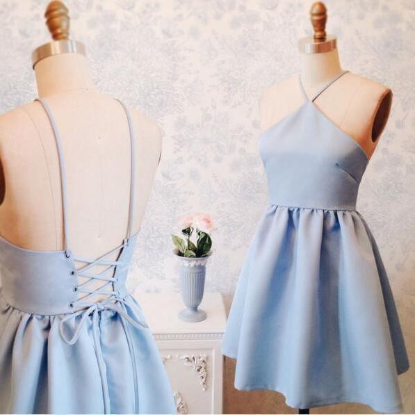 A-Line Halter Above-Knee Lace-Up Stretch Satin Homecoming Dress