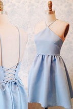 A-Line Halter Above-Knee Lace-Up Stretch Satin Homecoming Dress