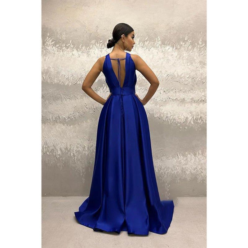 A-line Halter Royal Blue Satin Simple Long Prom Evening Dress
