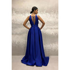 A-line Halter Royal Blue Satin Simple Long Prom Evening Dress