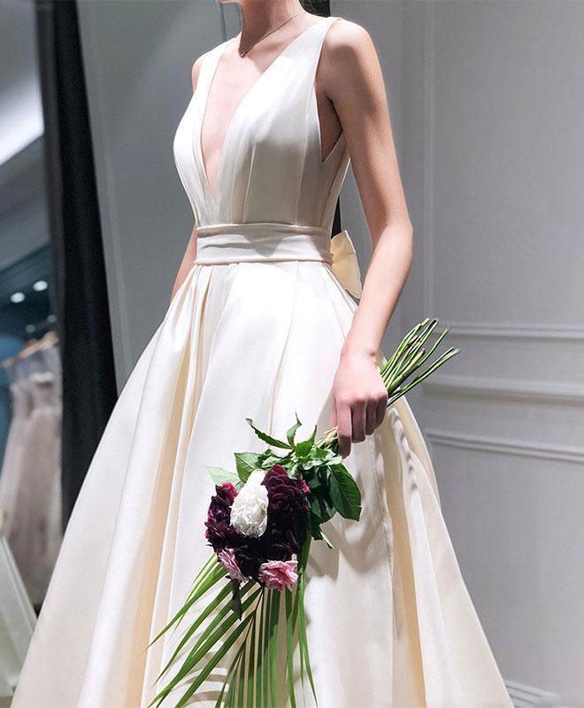 A-line High Low V Neck Tea Length Prom Dress Party Dress