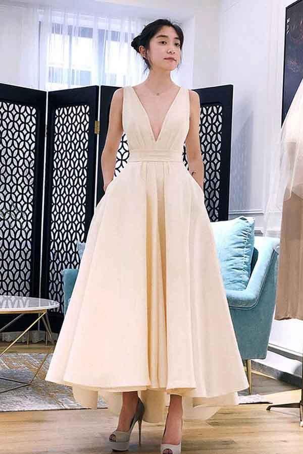 A-line High Low V Neck Tea Length Prom Dress Party Dress
