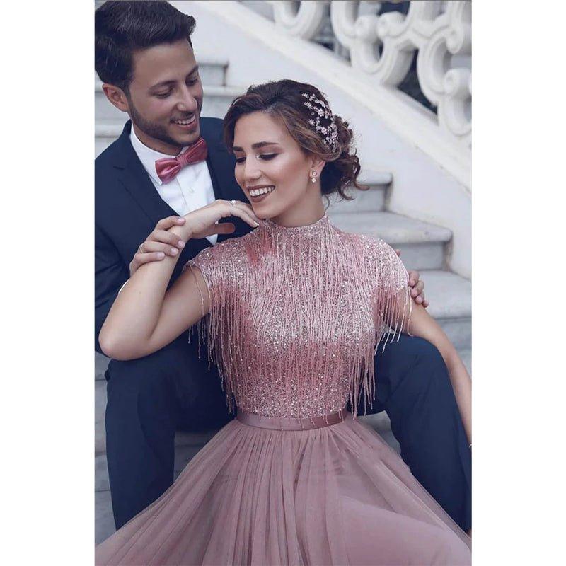 A-line High Neck Beaded Pink Tulle Long Prom Dress