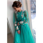 A-line Illusion Long Sleeves Tulle Appliques Elegant Long Formal Evening Gowns