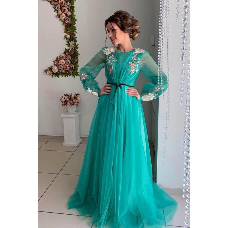 A-line Illusion Long Sleeves Tulle Appliques Elegant Long Formal Evening Gowns