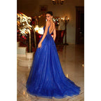 A Line Illusion V Neck Appliques High Split Long Sparkly Prom Formal Dress
