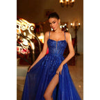 A Line Illusion V Neck Appliques High Split Long Sparkly Prom Formal Dress