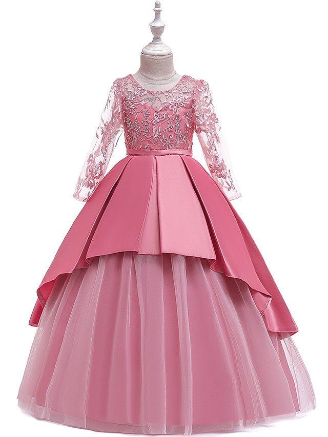 A-Line Jewel Neck Wedding Formal Evening Pageant Flower Girl Dresses With Sleeves