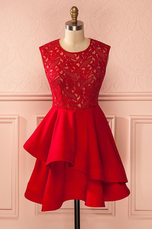 A-Line Jewel Short Satin Homecoming Dress with Lace Ruffles