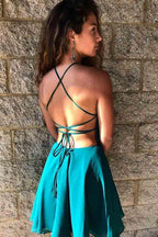 A-Line Jewel Turquoise Chiffon Homecoming Dress with Lace Beading