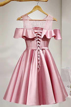 A-Line Knee-Length Cold Shoulder Satin Homecoming Dress With Lace