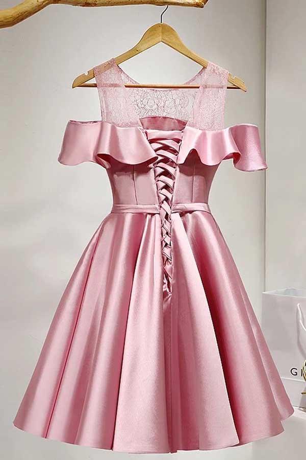 A-Line Knee-Length Cold Shoulder Satin Homecoming Dress With Lace