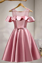 A-Line Knee-Length Cold Shoulder Satin Homecoming Dress With Lace