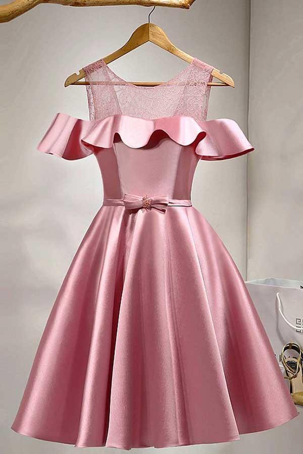 A-Line Knee-Length Cold Shoulder Satin Homecoming Dress With Lace