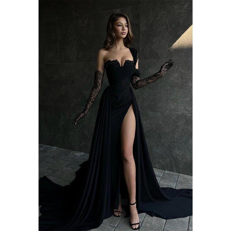 Numbersea A Line Lace Appliques High Split Black Long Prom Formal Dress