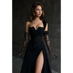 Numbersea A Line Lace Appliques High Split Black Long Prom Formal Dress