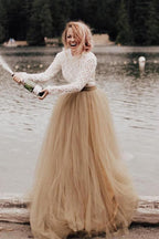 A-Line Long Sleeve Backless Princess Gown Wedding Dress Bridal Gown