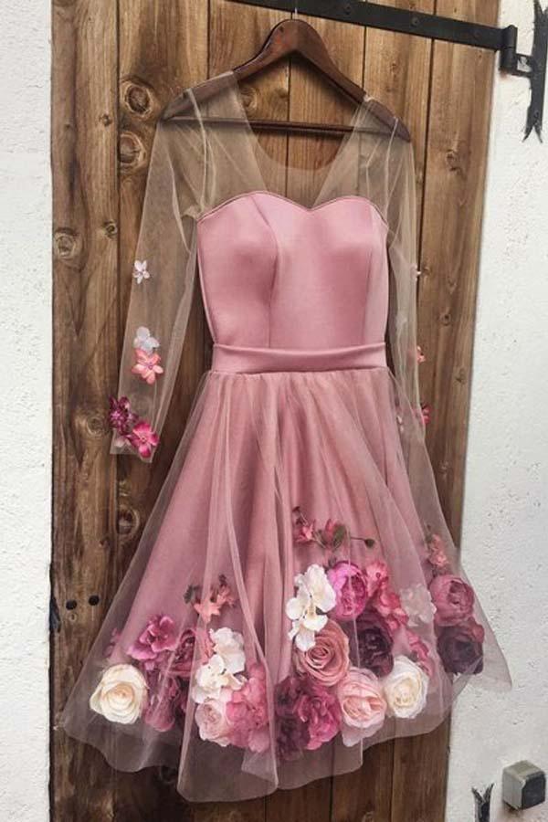 A Line Long Sleeves Short White Floral Prom Dresses Homecoming Dresses