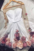 A Line Long Sleeves Short White Floral Prom Dresses Homecoming Dresses