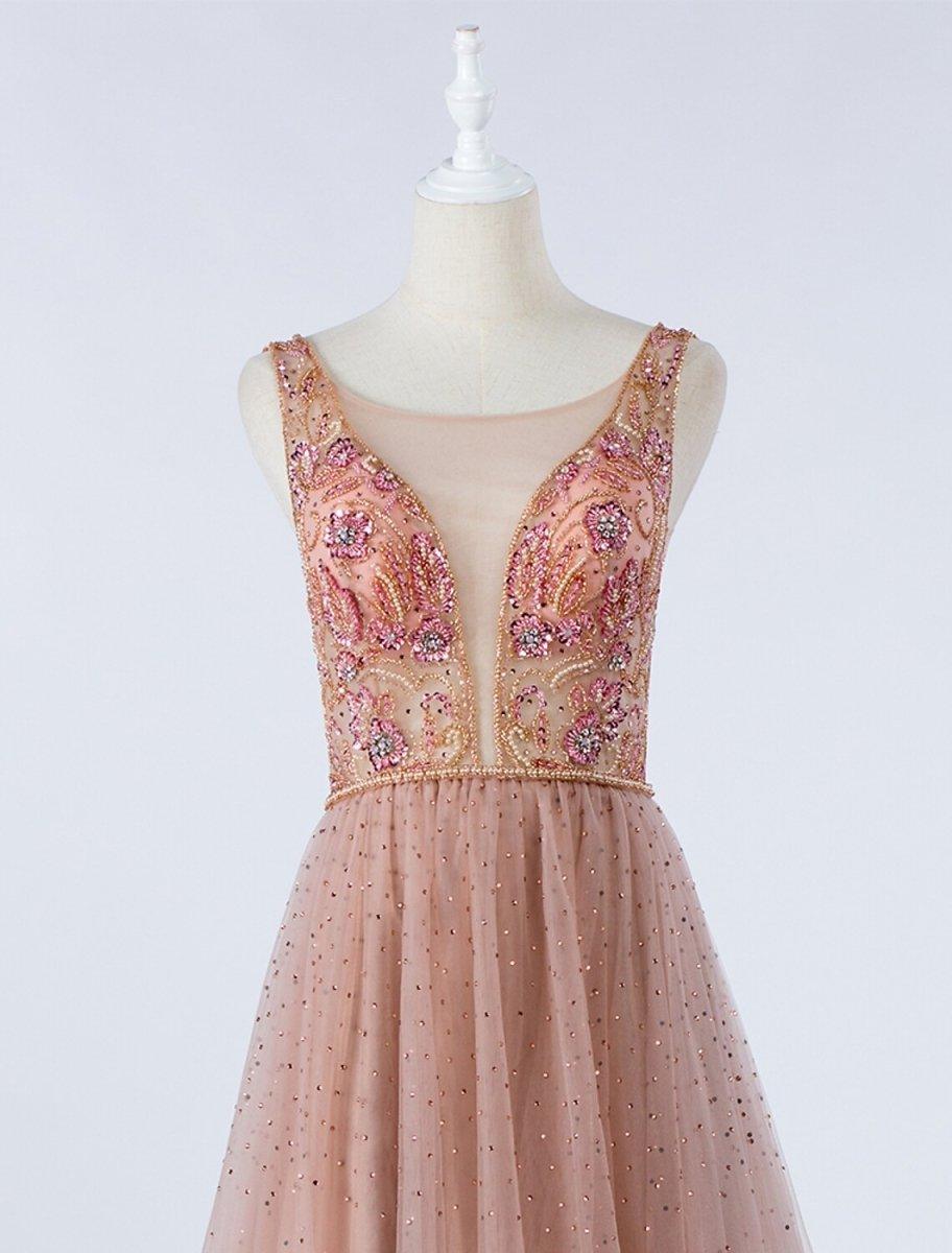 A-Line Luxurious Prom Formal Evening Dress Illusion Neck Backless Sleeveless Floor Length Tulle with Crystals Beading