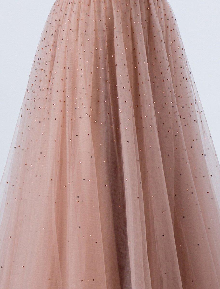 A-Line Luxurious Prom Formal Evening Dress Illusion Neck Backless Sleeveless Floor Length Tulle with Crystals Beading